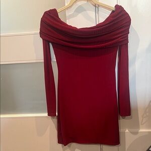 Red off the shoulder mini dress with long sleeves